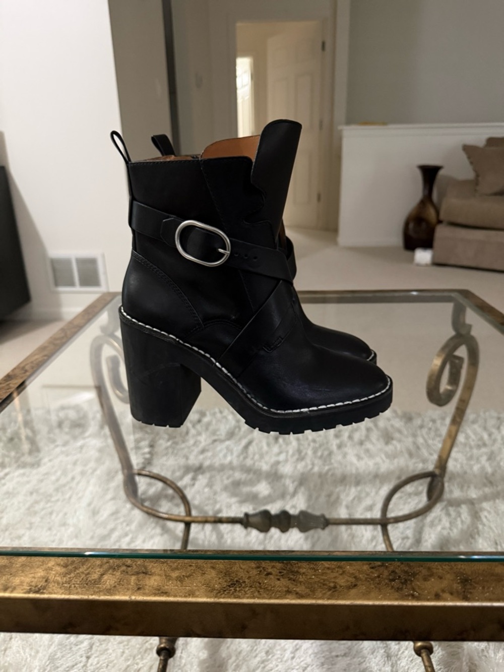 All Saints Black Buckle Strap Chunky Heel Ankle Boots
